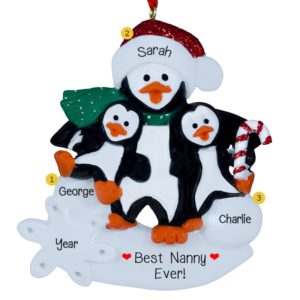 Image of Babysitter Or Nanny With Two Kids Penguins Glittered Ornament