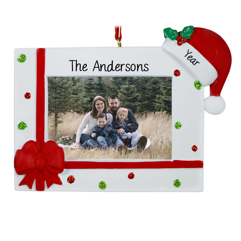 Family Photo Frame Bow & Santa Hat Ornament Easel Back
