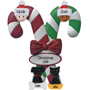 Image of Biracial / Interracial Couple + 2 Pets On Candy Cane Personalized Ornament