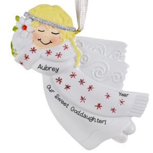 Image of Personalized Goddaughter Angel RED Glittered Flakes Ornament