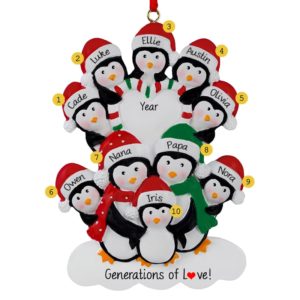Image of Grandparents And 8 Grandkids Penguin Striped Heart Ornament