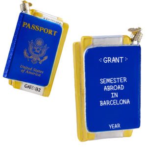 Image of Personalized Semester Abroad 2-Sided Glittered BLUE Glass Passport Ornament