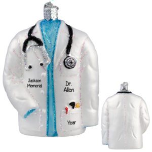 Image of Personalized Doctor White Coat Glittered Glass 3-D Ornament