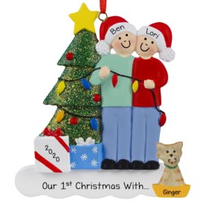 Image of Couple Wearing Santa Hats Stringing Christmas Lights Ornament
