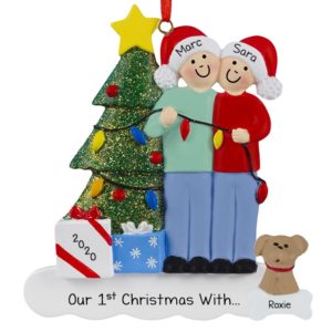 Image of 1st Christmas With Dog Couple Decorating Tree Ornament