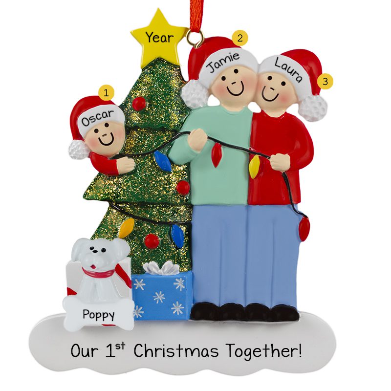 1st Christmas With Dog Family of 3 Stringing Lights Ornament ...