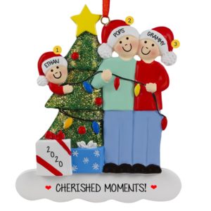 Image of Couple With 1 Child And 4 Pets Stringing Lights Ornament