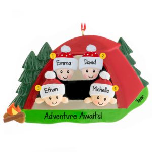 Image of Adventure Awaits Family Of 4 RED Tent Ornament