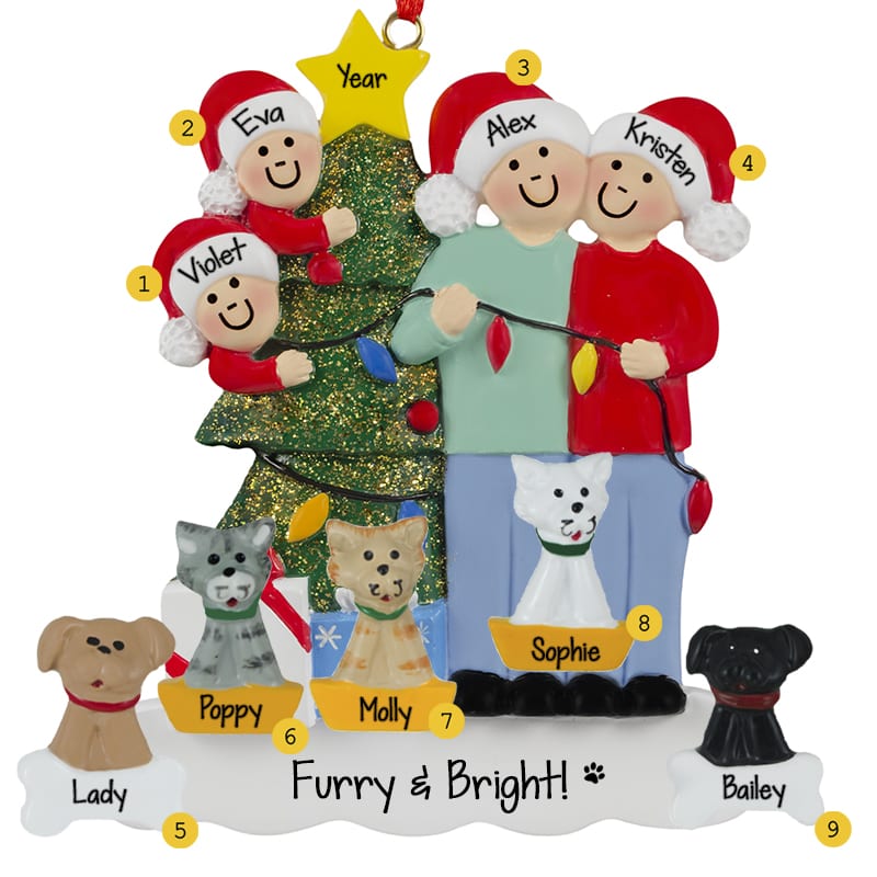 Family Of 4 With 4 Or More Pets - Personalized Ornaments For You