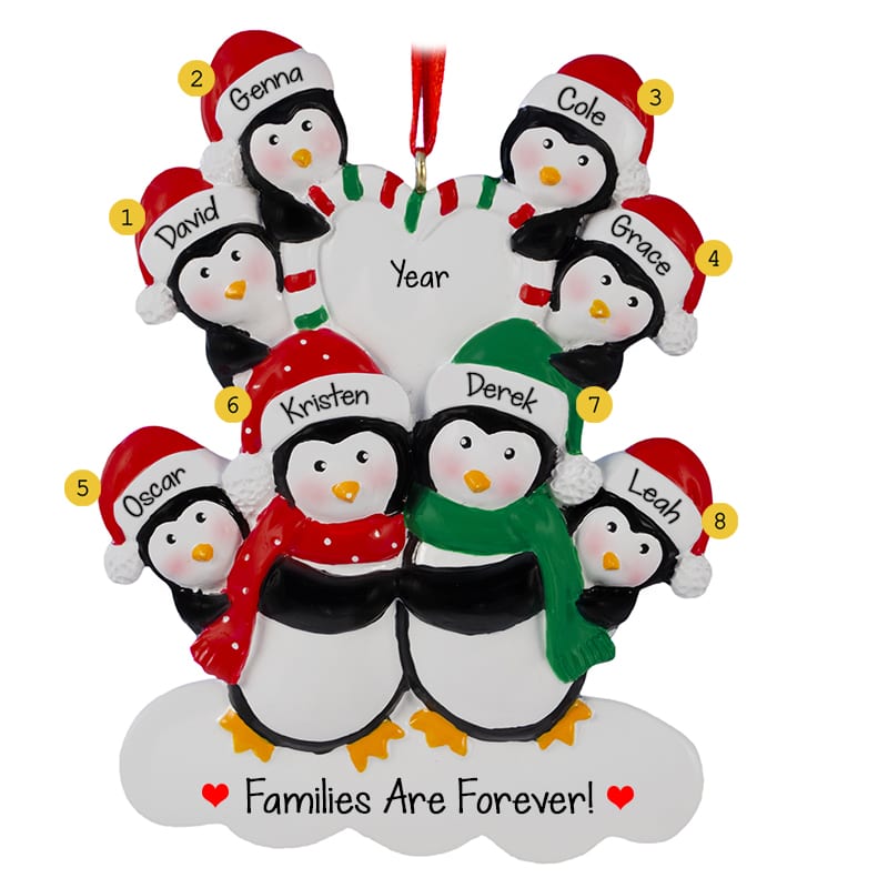 ゆきりん☆プロフ見てね(୨୧ᵕ̤ᴗᵕ̤) Penguin Family Of 8 Candy Striped Heart Ornament - Personalized