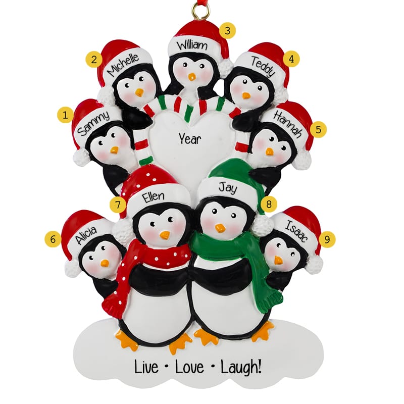 Penguin Family Of 9 Candy Striped Heart Ornament - Personalized ...