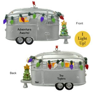 Image of Adventure Awaits Silver Trailer Colorful Lights Ornament