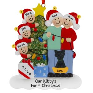 Image of Christmas Couple With 3 Kids And 3 Pets Stringing Lights Ornament