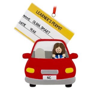 Image of Personalized Learner's Permit GIRL Driving Car Ornament BRUNETTE