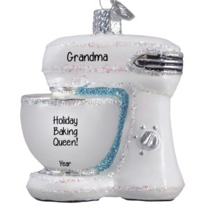 Image of White Stand Mixer Glittered Glass 3-D Personalized Ornament