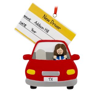 Image of Personalized Learner's Permit GIRL Driving Car Ornament BRUNETTE