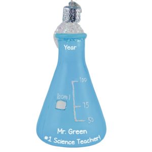 Image of Personalized Science Teacher Blue Beaker Glittered Glass 3-D Ornament