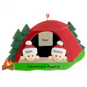 Image of Couple in RED Tent Adventure Awaits Ornament