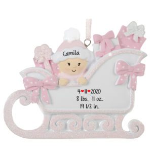 Image of Birth Statistics Baby Girl In PINK Glittered Sleigh Ornament