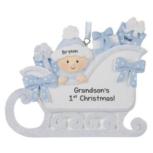 Image of Grandson's 1st Christmas BLUE Glittered Sleigh Ornament