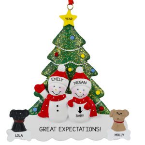 Image of Lesbian Pregnant Snow Couple And 2 Dogs Glittered Tree Ornament