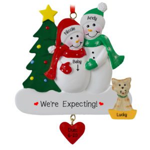 Image of Expecting Snow Couple With Cat Dangling Heart Ornament