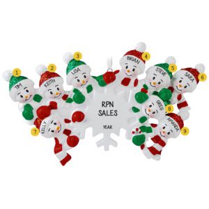 Image of Work Group Of 9 Snowmen On Flake Ornament