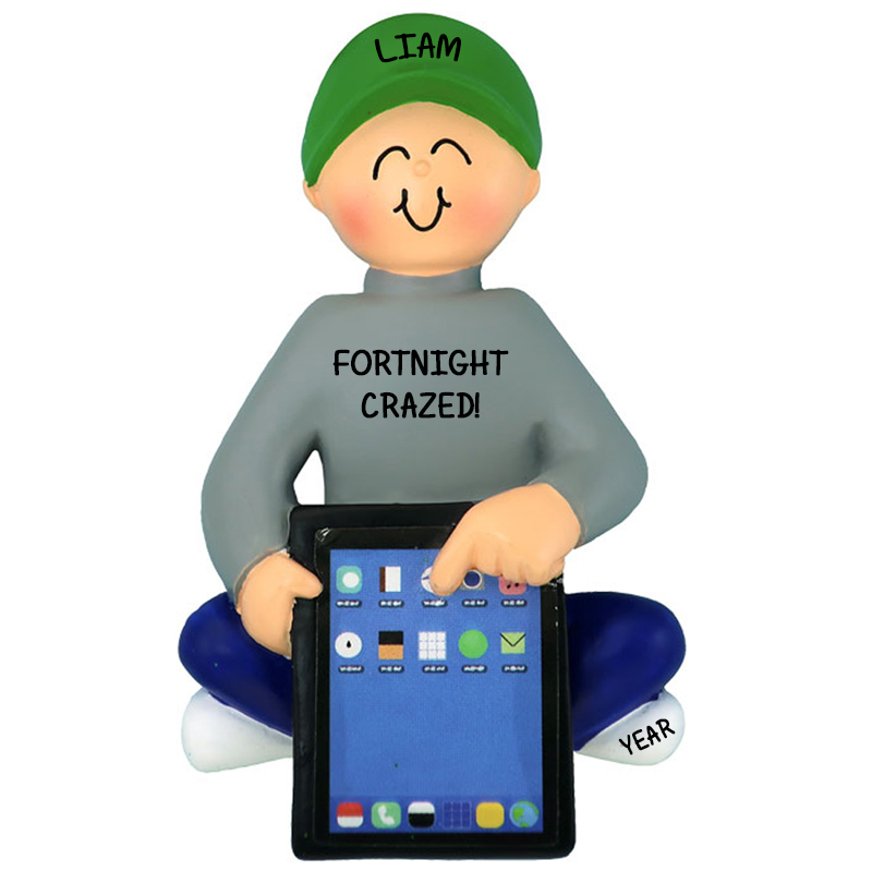 BOY With GREEN Hat Playing Fortnite On iPad Ornament - Personalized ...
