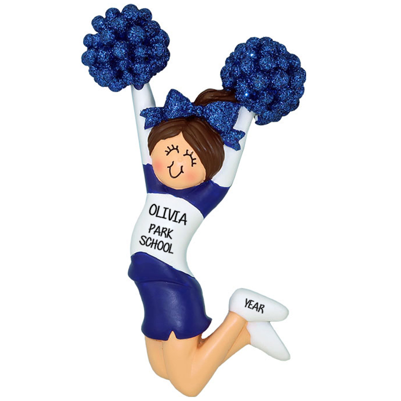 BLUE WHITE Cheerleader Poms Ornament BRUNETTE - Personalized For You