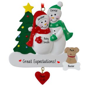 Image of Expecting Snow Couple With Dog Dangling Heart Ornament