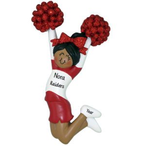 Image of African American RED Cheerleader Glittered Pom Poms Ornament