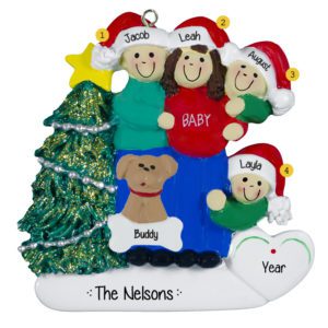 Image of Personalized Expecting Couple With 2 Kids And 1 Pet Ornament BRUNETTE