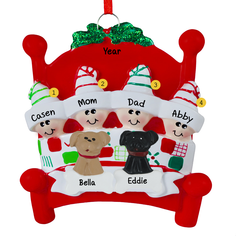 Family Of 4 + 2 Dogs RED Bed Quilt Ornament | Personalized Ornaments ...