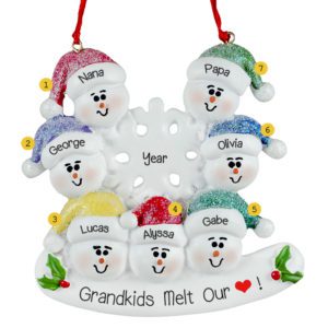 Image of Grandparents And Five Grandkids Snowmen Around Flake Glittered Ornament