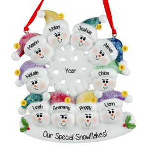 Image of Grandparents And 8 Grandkids Snowmen Glittered Flake Ornament