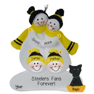 Image of Steelers Snow Family Of 4 With Cat BLACK And YELLOW Ornament