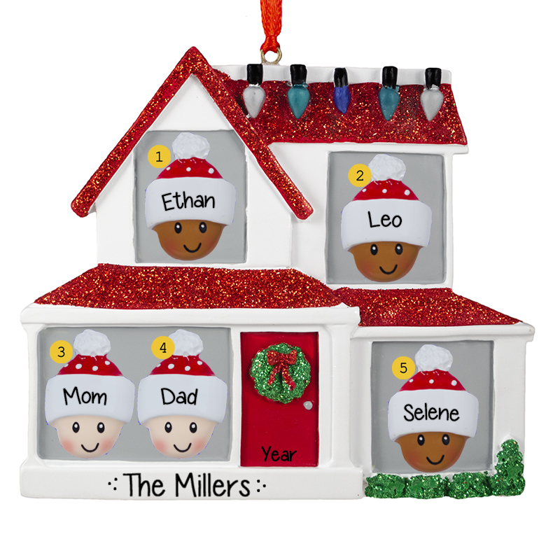 Bi-Racial Family Of 5 Christmasy House Ornament - Personalized ...