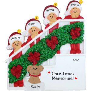 Image of Grandparents With 2 Grandkids And Dog Christmasy Stairs Ornament