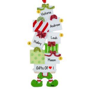 Image of Five Grandkids Elf Holding Gift Packages Ornament