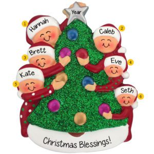 Image of Six Grandkids Decorating Glittered Christmas Tree Ornament