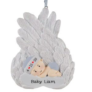Image of Memorial Baby BOY Wrapped in Wings Glittered Ornament