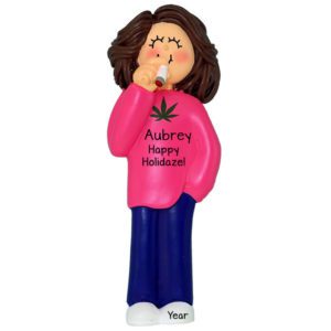 Image of FEMALE Smoking Marijuana Happy Holidaze Ornament BRUNETTE