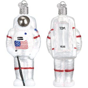 Image of Personalized Astronaut Holding American Flag Glittered Glass Dimensional Ornament