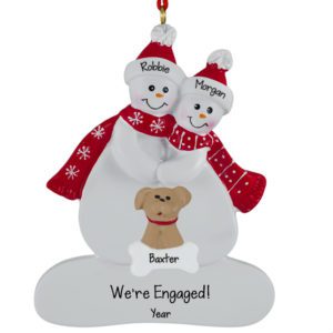 Image of Engaged Snow Couple Wearing Scarves With DOG Ornament