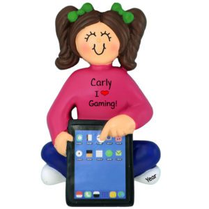 Image of GIRL Loves Video Games On iPad Ornament BRUNETTE