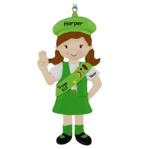 Image of Girl Scout Wearing Uniform And Sash Ornament GREEN
