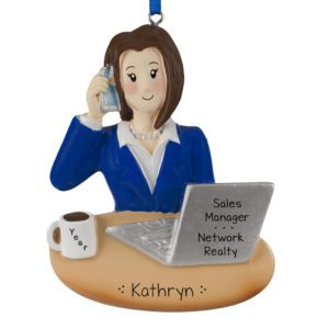 Image of Female In Sales At Computer Holding Phone Ornament