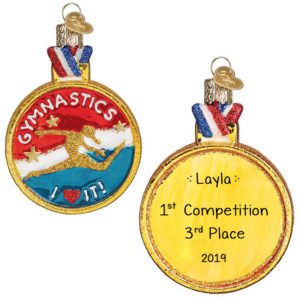 Image of Gymnastics Personalized Gold Medal Glittered Glass 3-D Ornament