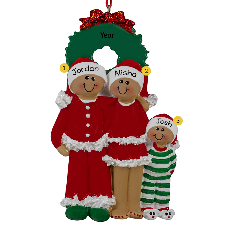 African American Family Of 3 In Pajamas Ornament | Personalized ...