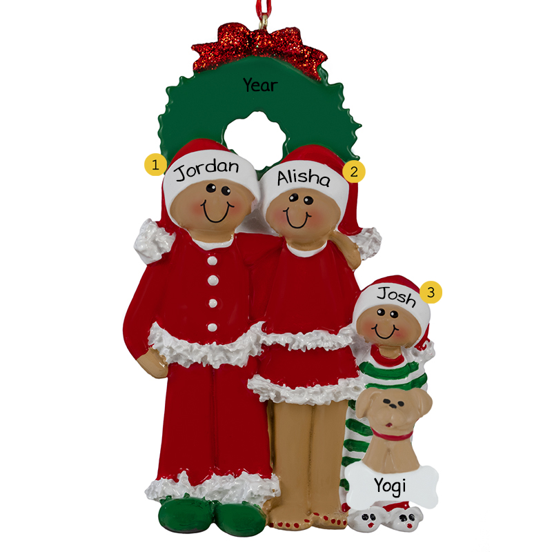 African American Family Of 3 In Pajamas With Dog Ornament ...